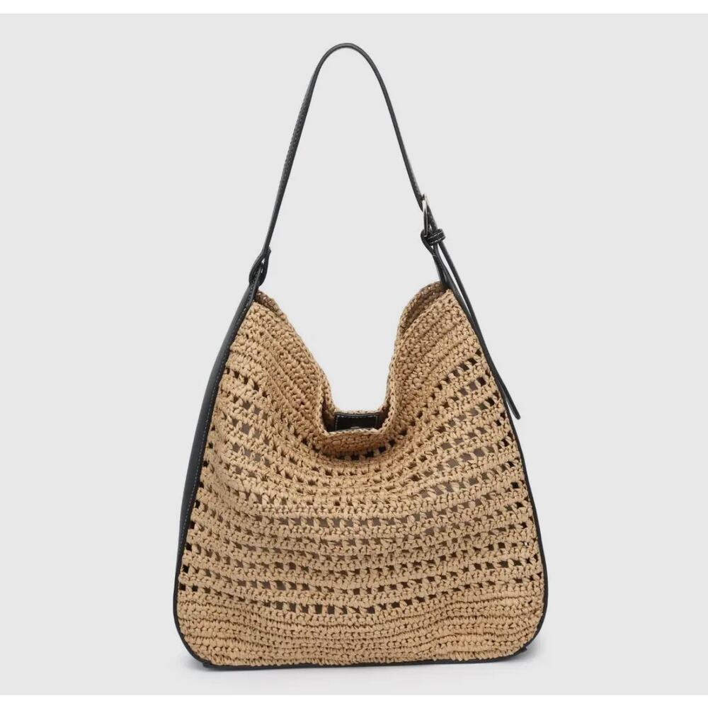Moda Luxe Tan Woven Shoulder Bag with Black Trim - Picture 2 of 9